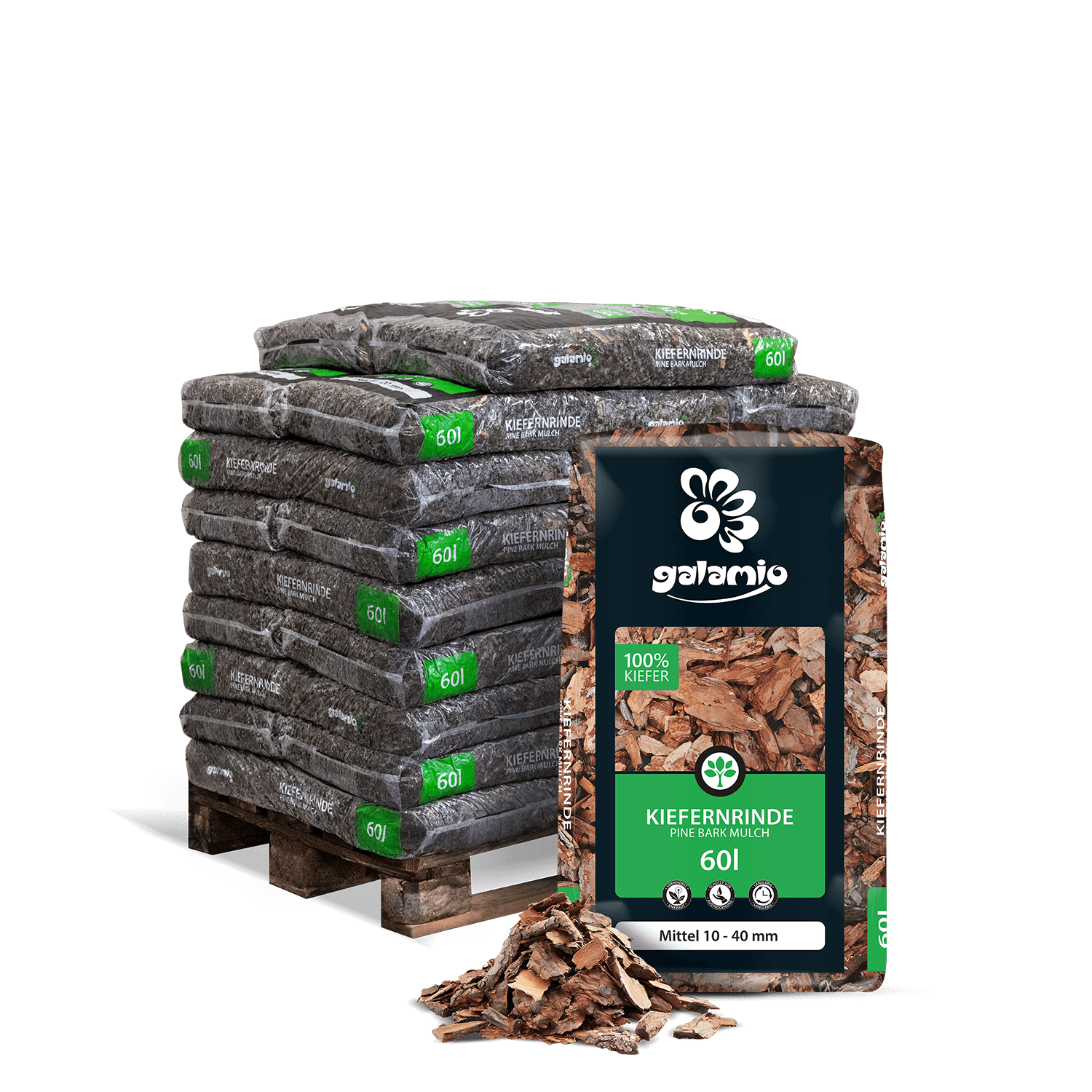 MUB60 Rindenmulch Kiefer Mittel 26er Palette Verpackung