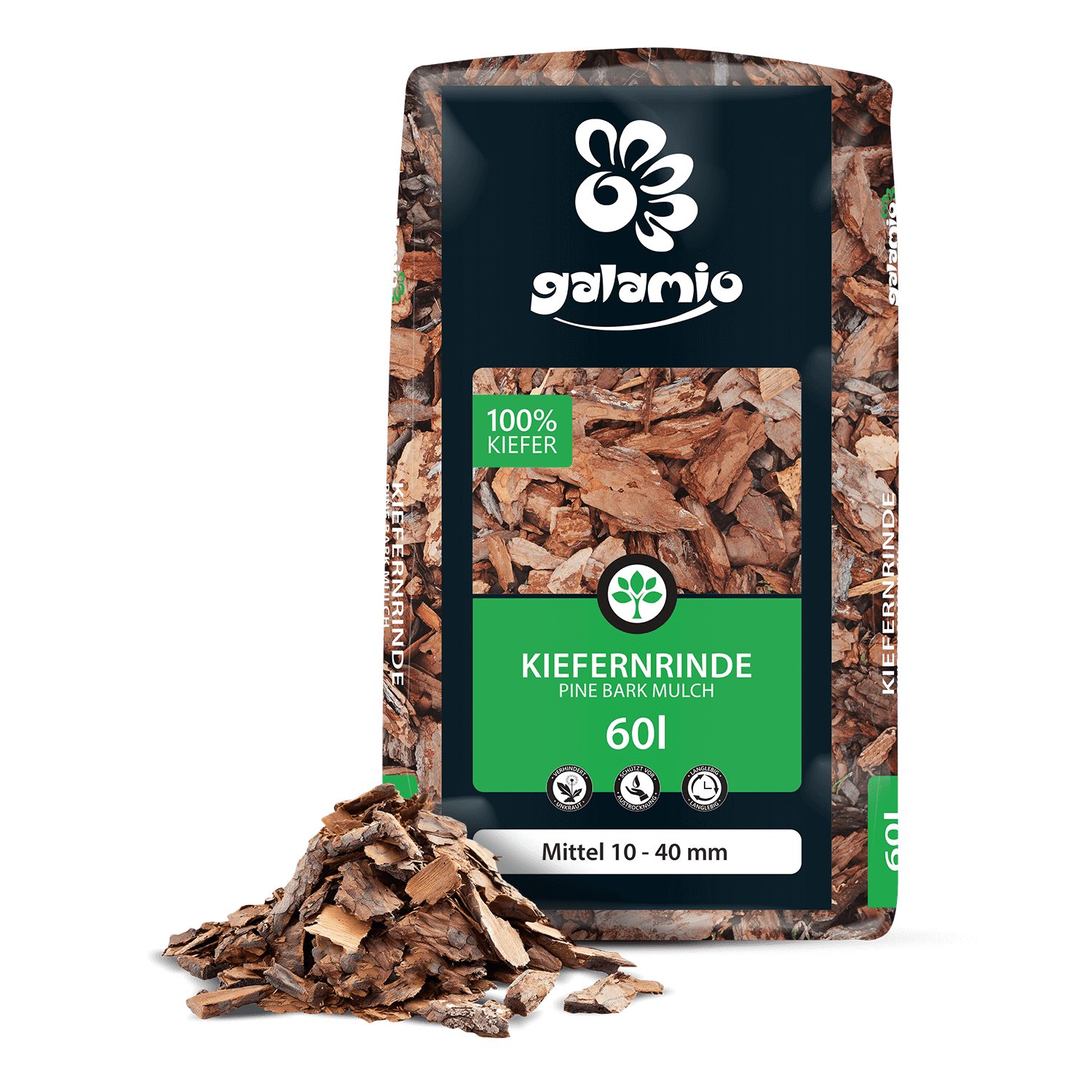 MUA60 Rindenmulch Kiefer Mittel Verpackung Haufen links