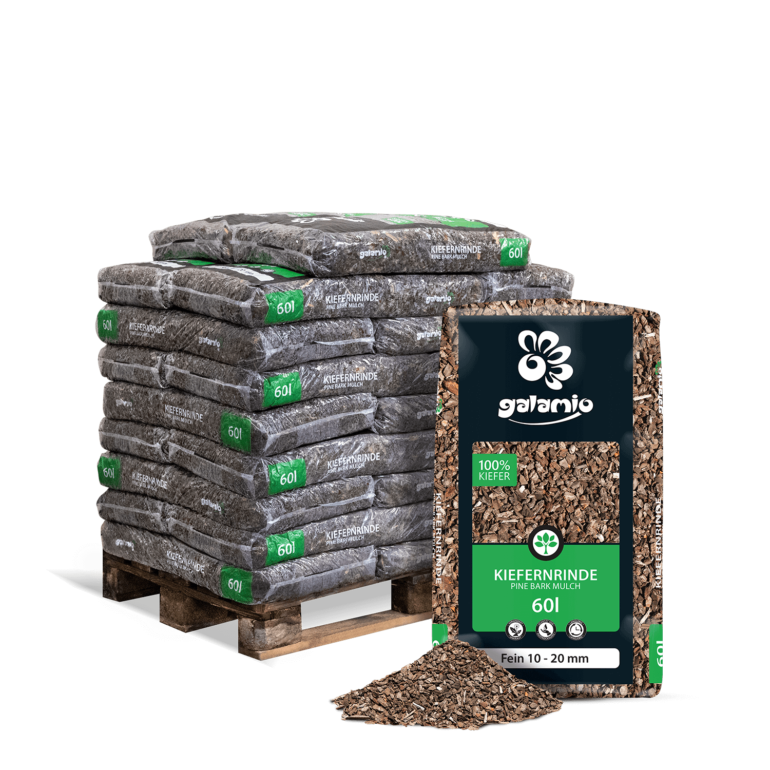 MUA60 Rindenmulch Kiefer Fein 26er Palette Verpackung