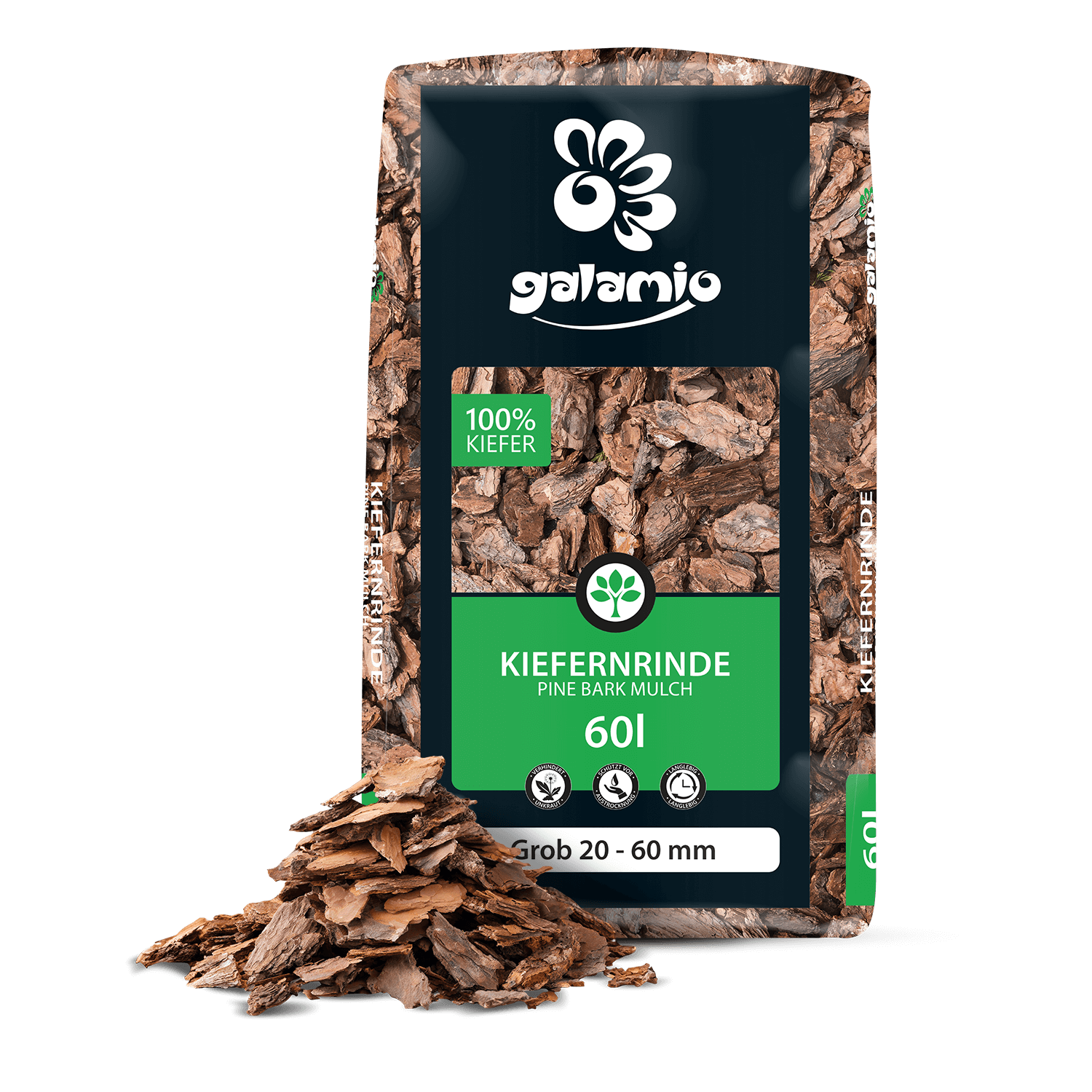 MUC60 Rindenmulch Kiefer Grob Verpavkung Haufel links