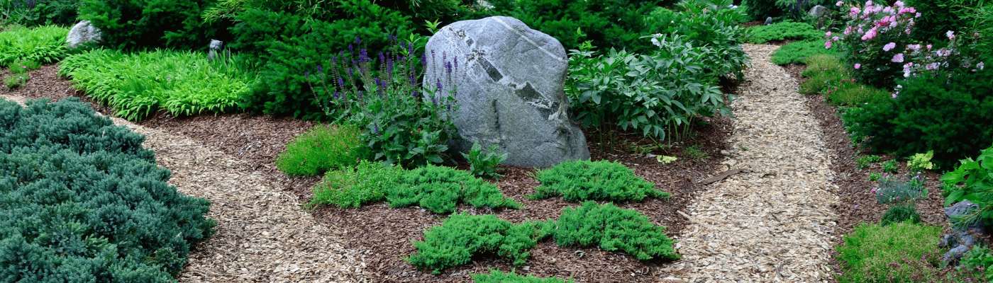 Zierstein, eingebettet in ein mit Mulch bedecktes Beet – dekorative Gartenidee mit Naturmaterialien.