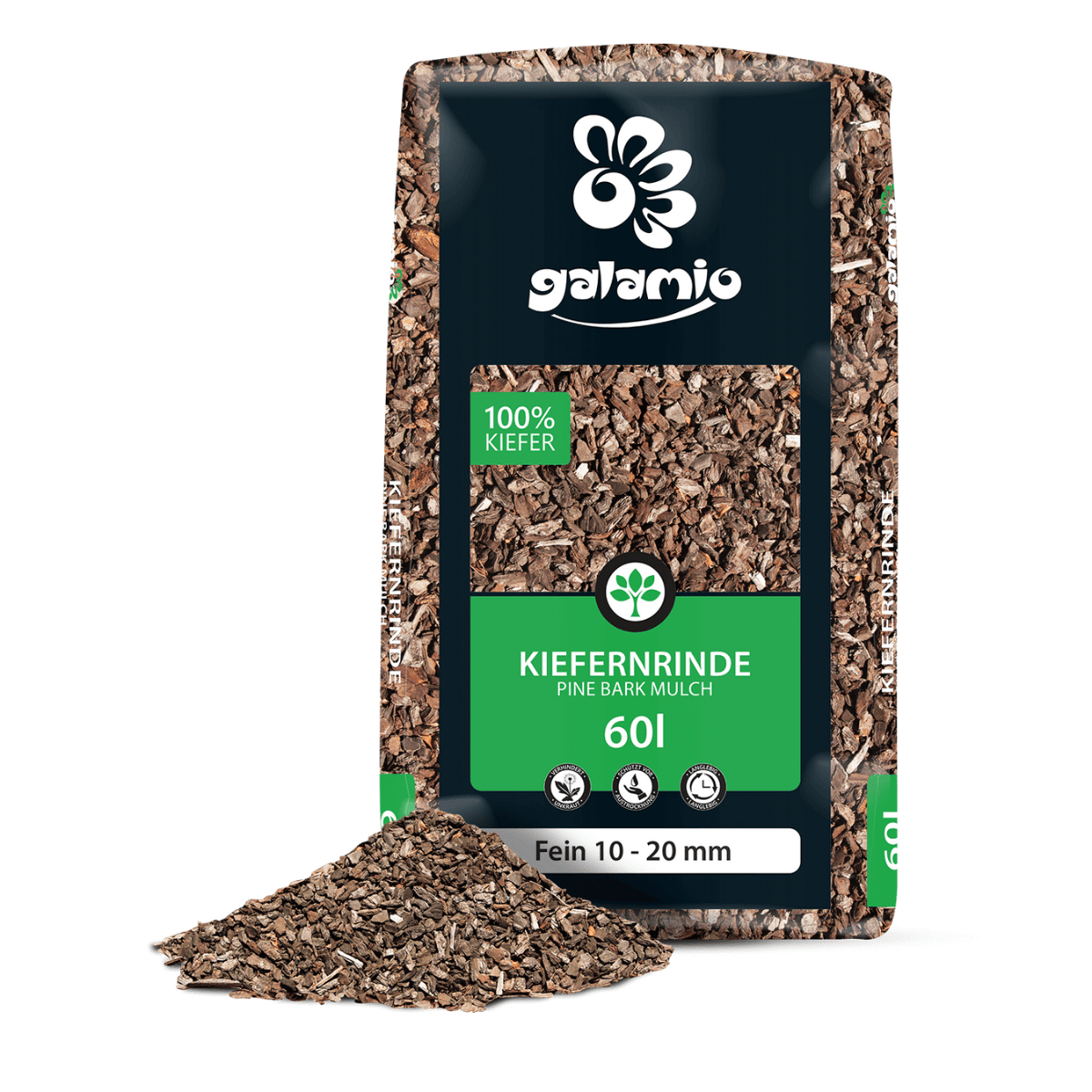 Ein Einzelsack unserer Kiefernrinde 60 Liter. Neben der Verpackung liegt etwas zerkleinerte Kiefernrinde, um zu zeigen, wie das Produkt aussieht.