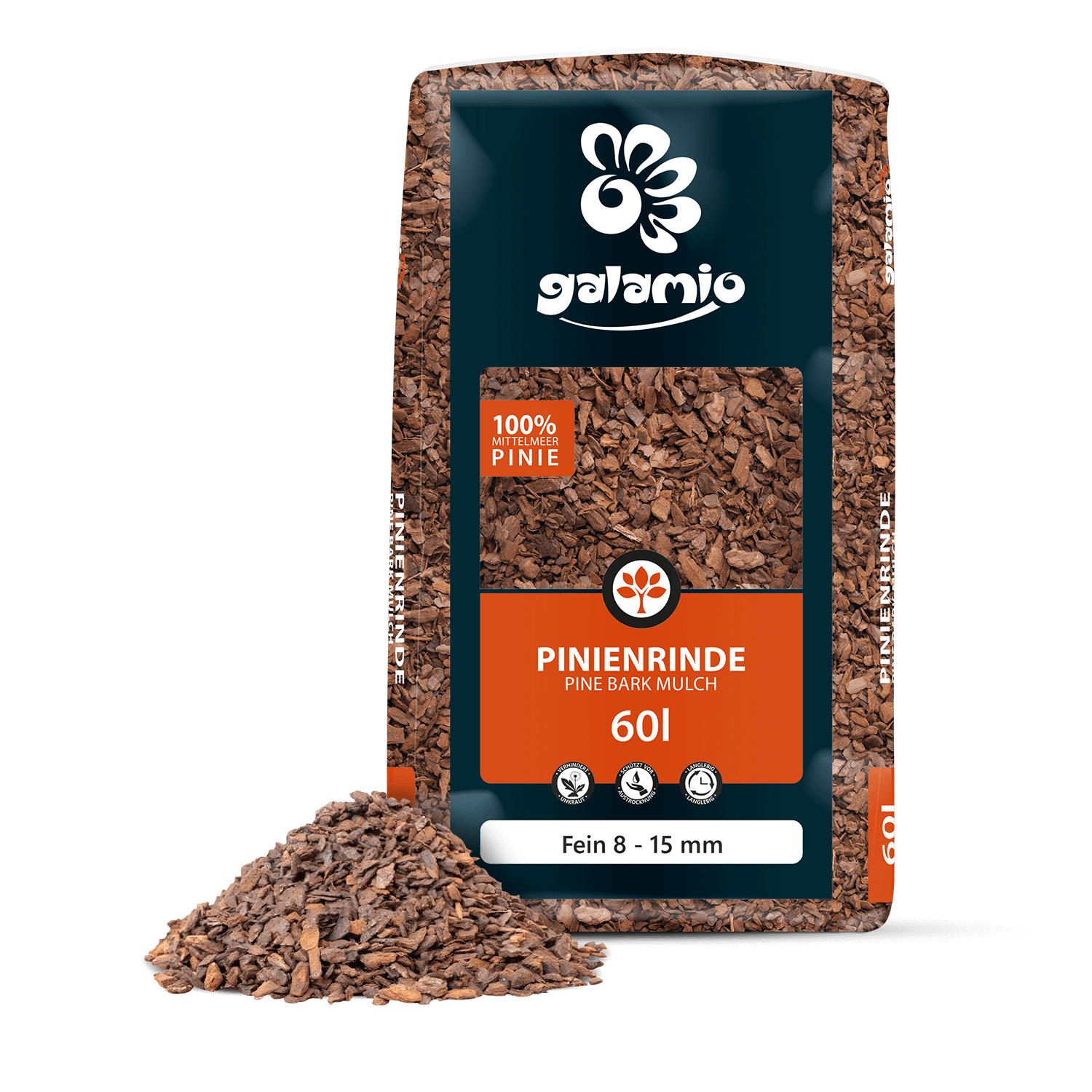 MPA60 Pinienrinde Fein Verpackung Haufen links