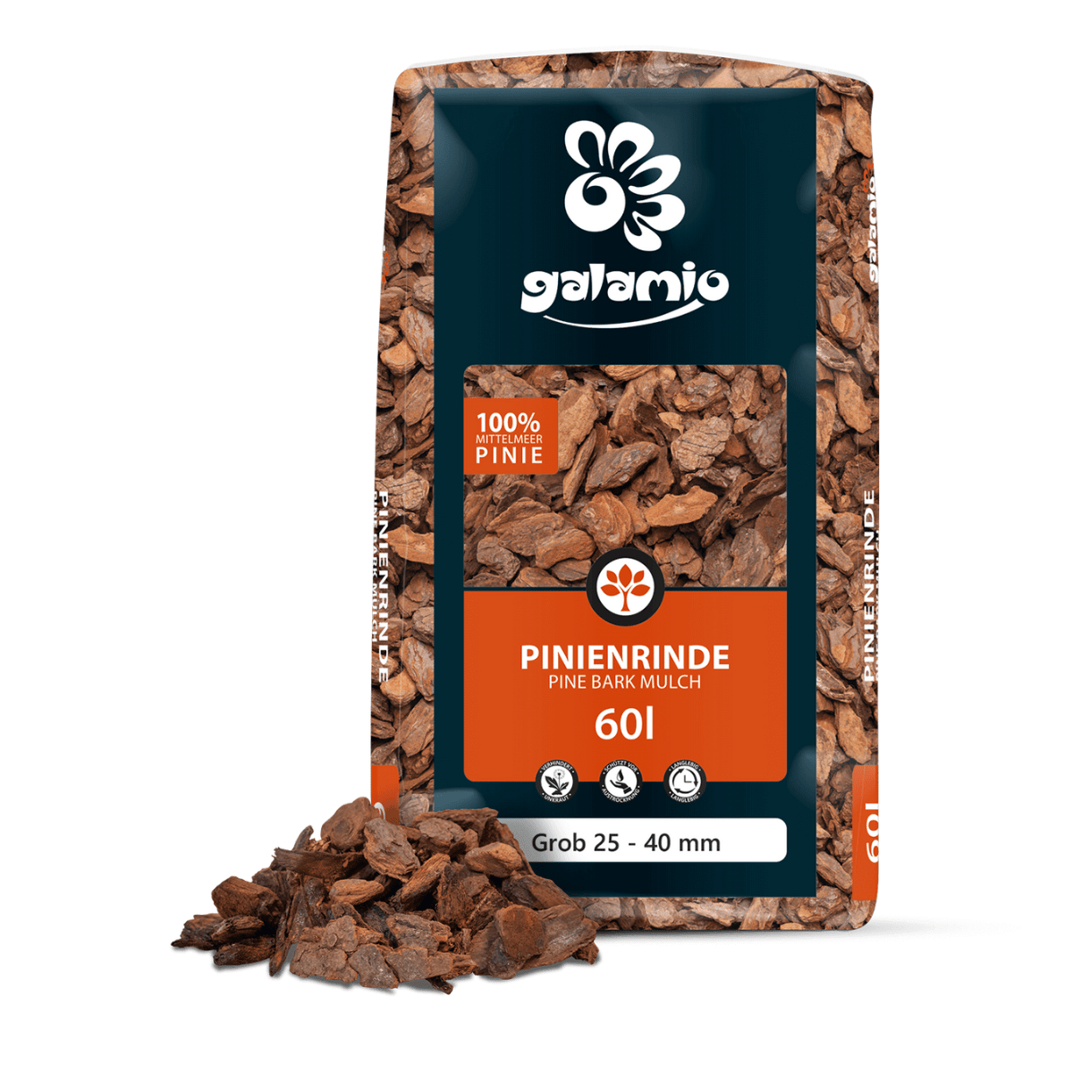 Verpackung von Galamio Pinienrinde, 60 Liter, mit einer Körnung von 25–40 mm. Das Produkt besteht zu 100 % aus Pinienholz und ist ideal für die Bodenabdeckung im Garten, zur Unkrautunterdrückung und zur Verbesserung der Bodenfeuchtigkeit.