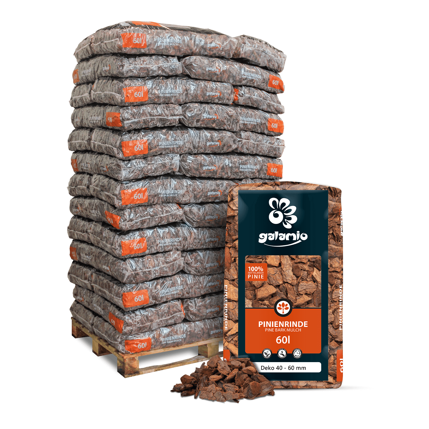 Stapel von Pinienrinde-Säcken auf einer Palette, geeignet für Gartenbau und Dekoration. Jeder Sack enthält 60 Liter. Markenname "Galanio". Text auf dem Sack: "100% Pinie, Pinienrinde, 60L, Deko 40-60 mm".