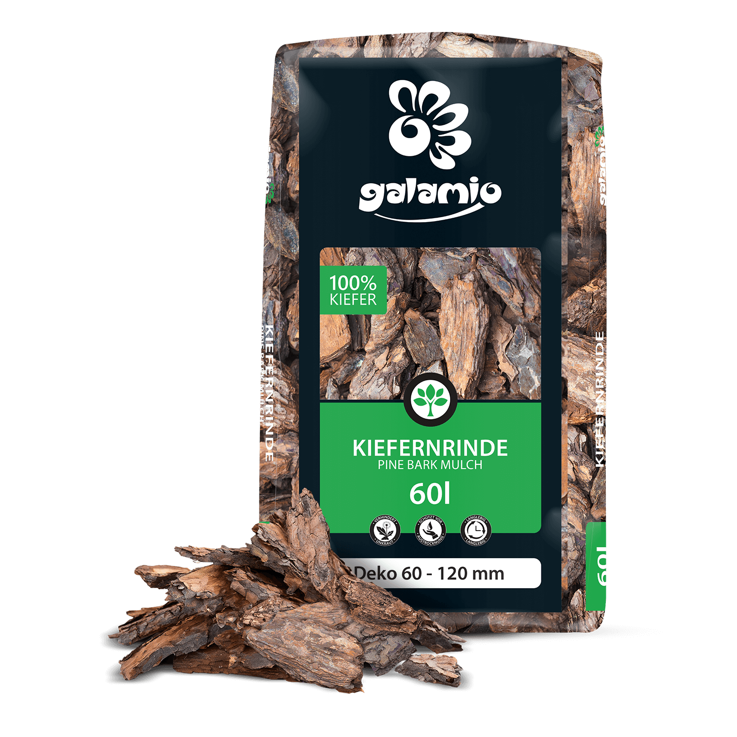 MUD60 Rindenmulch Kiefer Deko Verpackung Haufen links