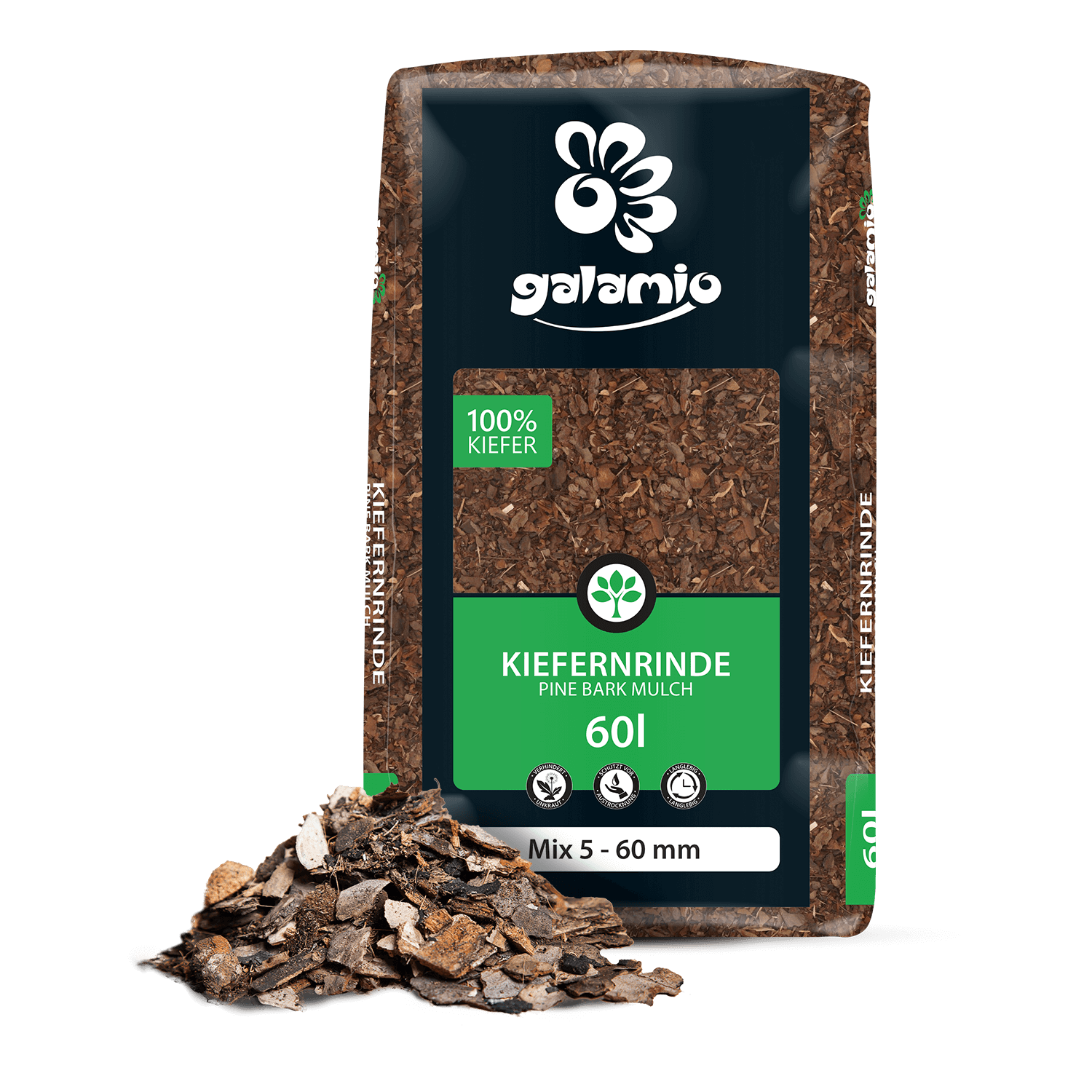 MUX60 Rindenmulch Kiefer Mix Verpackung Haufen links