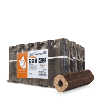 Holzbriketts aus Pinikay Hartholz präsentiert in einer Verpackung mit orangefarbenem Aufkleber von HEIZFUXX®. Enthält Spezifikationen wie Heizwert, Gewicht (10 kg) und ein ENplus A1 Zertifikat.