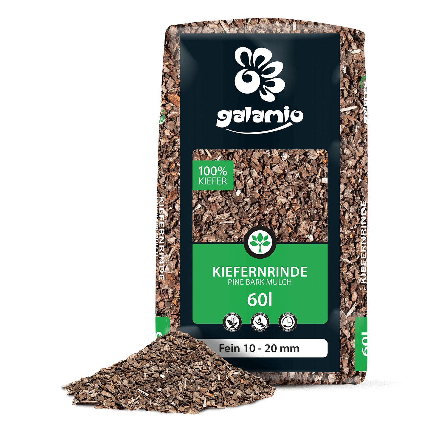 MUA60 Rindenmulch Kiefer Fein Verpackung Haufen links