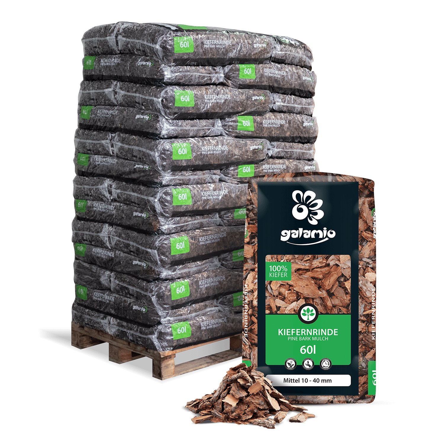 MUB60 Rindenmulch Kiefer Mittel 39er Palette Verpackung