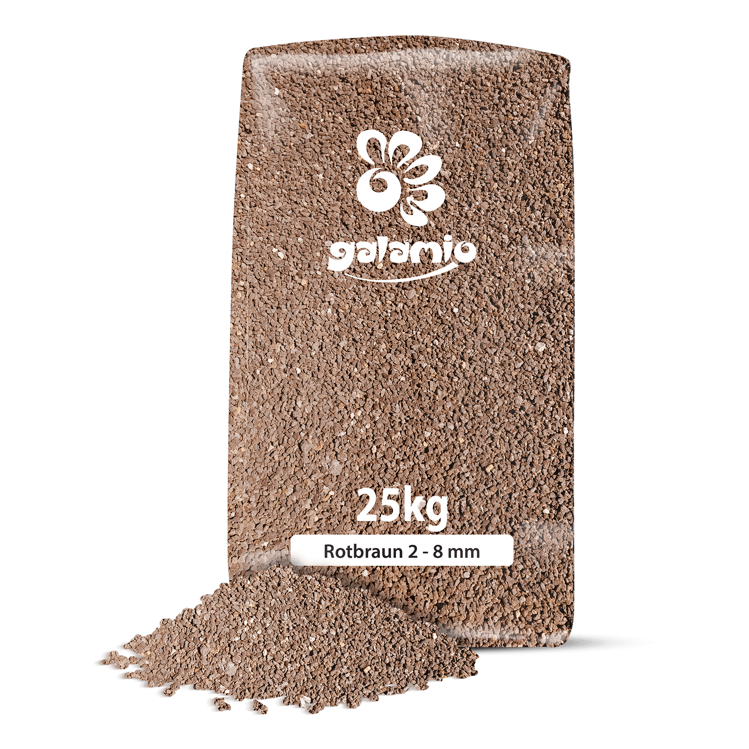 LVA25 Lavamulch Rotbraun 2 8mm Verpackung Haufen links